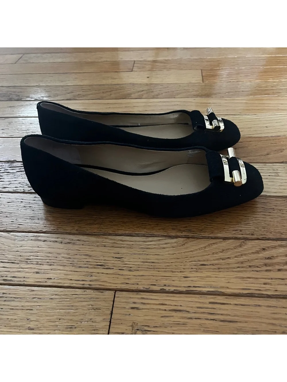 Michael Kors Black Suede Flats with Gold Buckle Accent